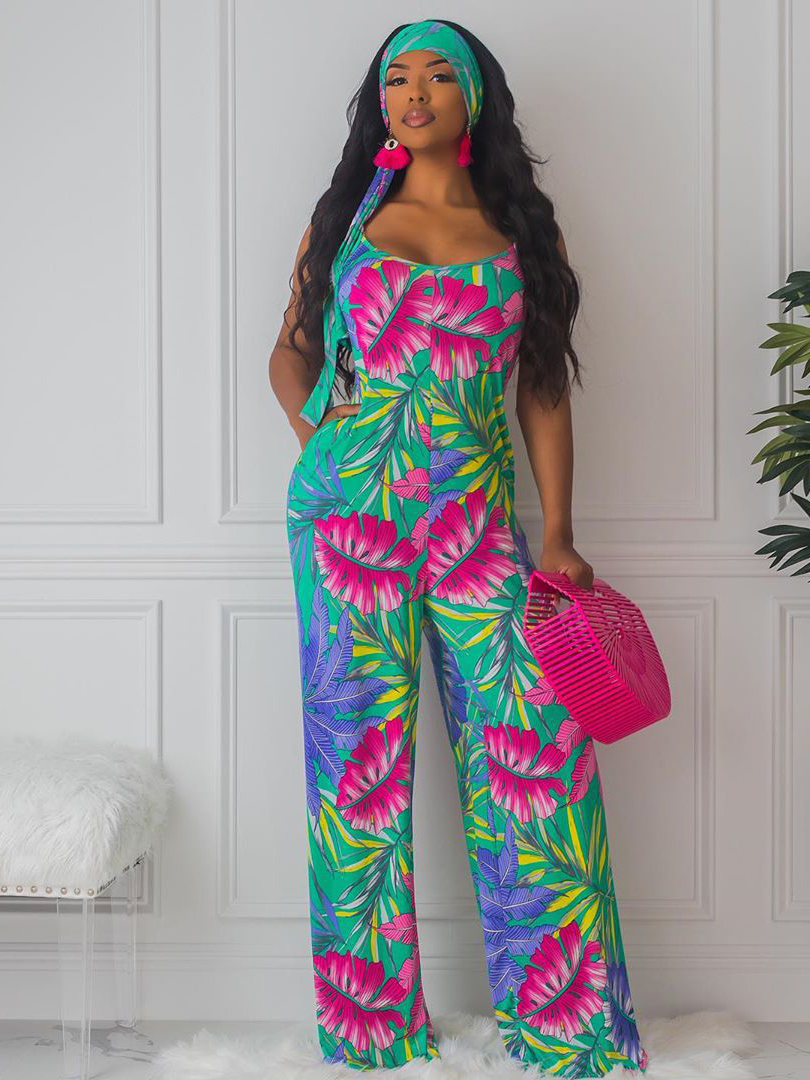 Wholesale Multicolored Tropical Leaves Printed Women Jumpsuit ...