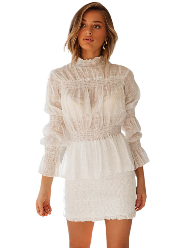 Download Wholesale Mock Neck Draped White Long Sleeve Dress LHA081019WI | Wholesale7.net