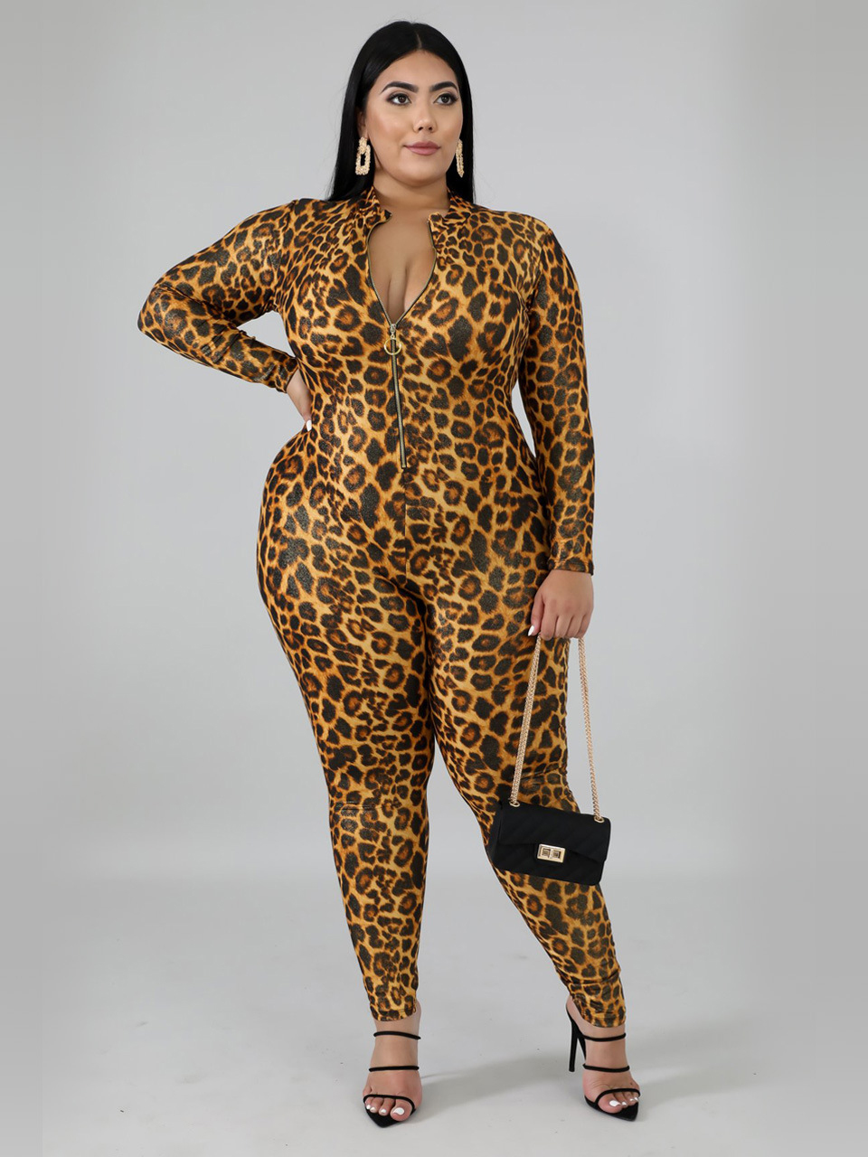 Wholesale Zipper Up Fitted Leopard Print Plus Size Jumpsuits ...