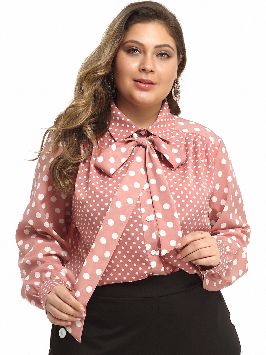 Wholesale Casual Polka Dots Tie Bow Plus Size Pink Blouse GWA090603PN ...