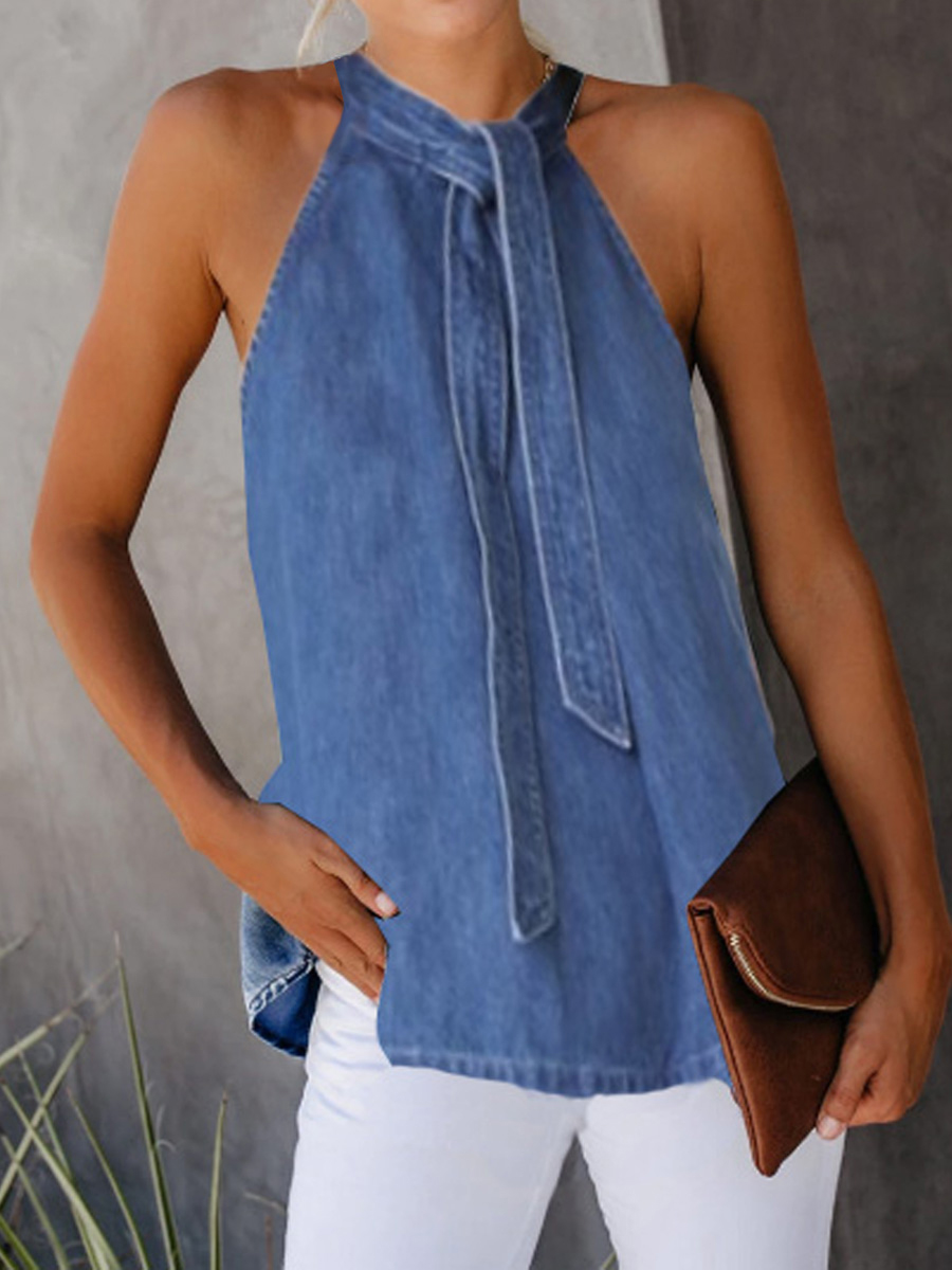 Wholesale Tie Neck Sleeveless Denim T-Shirt For Women LZA090904 ...