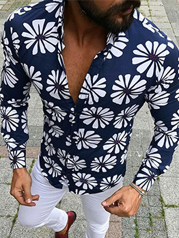 2014 Autumn New Men Shirts Pure Color Flower Printed Pattern Lapel Full ...