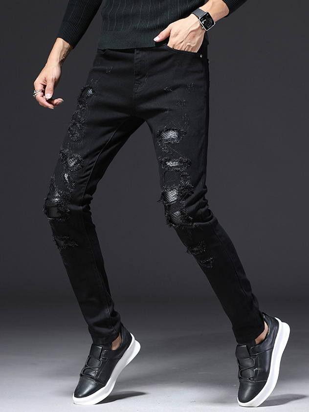 Wholesale Black Patchwork Long Ripped Jeans SCA091835BA | Wholesale7