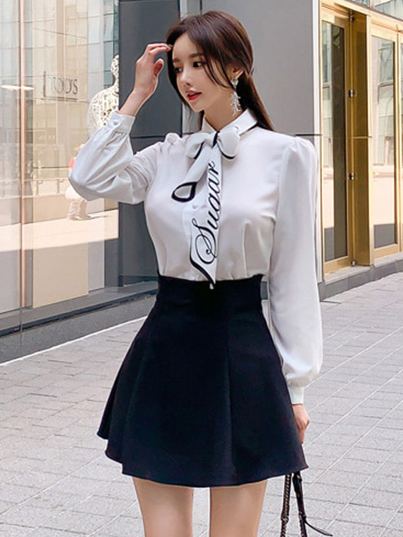 Wholesale Tie Neck White Shirt With High Waist A-Line Skirt GWA091833BW ...