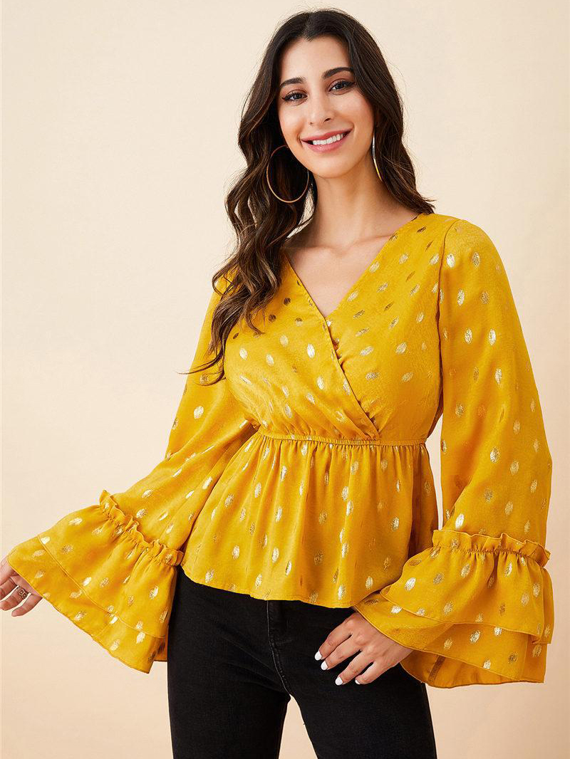 Wholesale Ruffled Elastic Waist Polka Dot Blouse SWA102435YL | Wholesale7