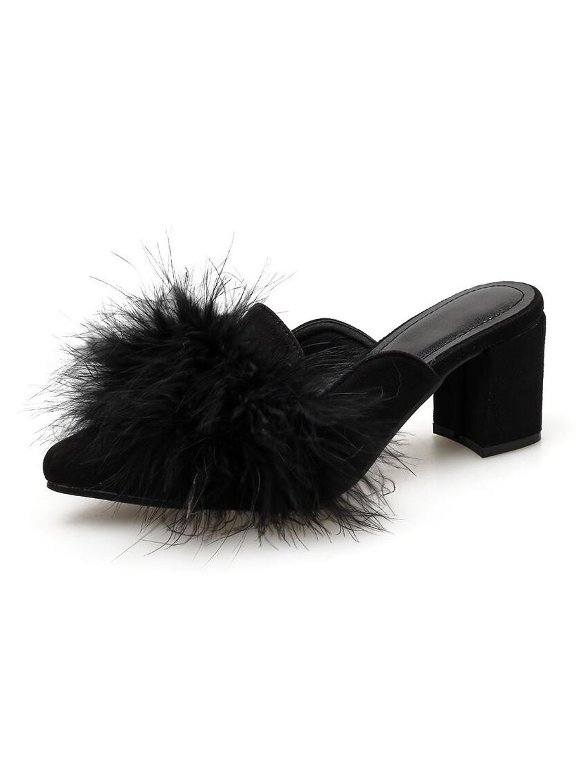 Wholesale Fuzzy Feathers Chunky Heels Black Slip On Shoes GZA110522BA ...