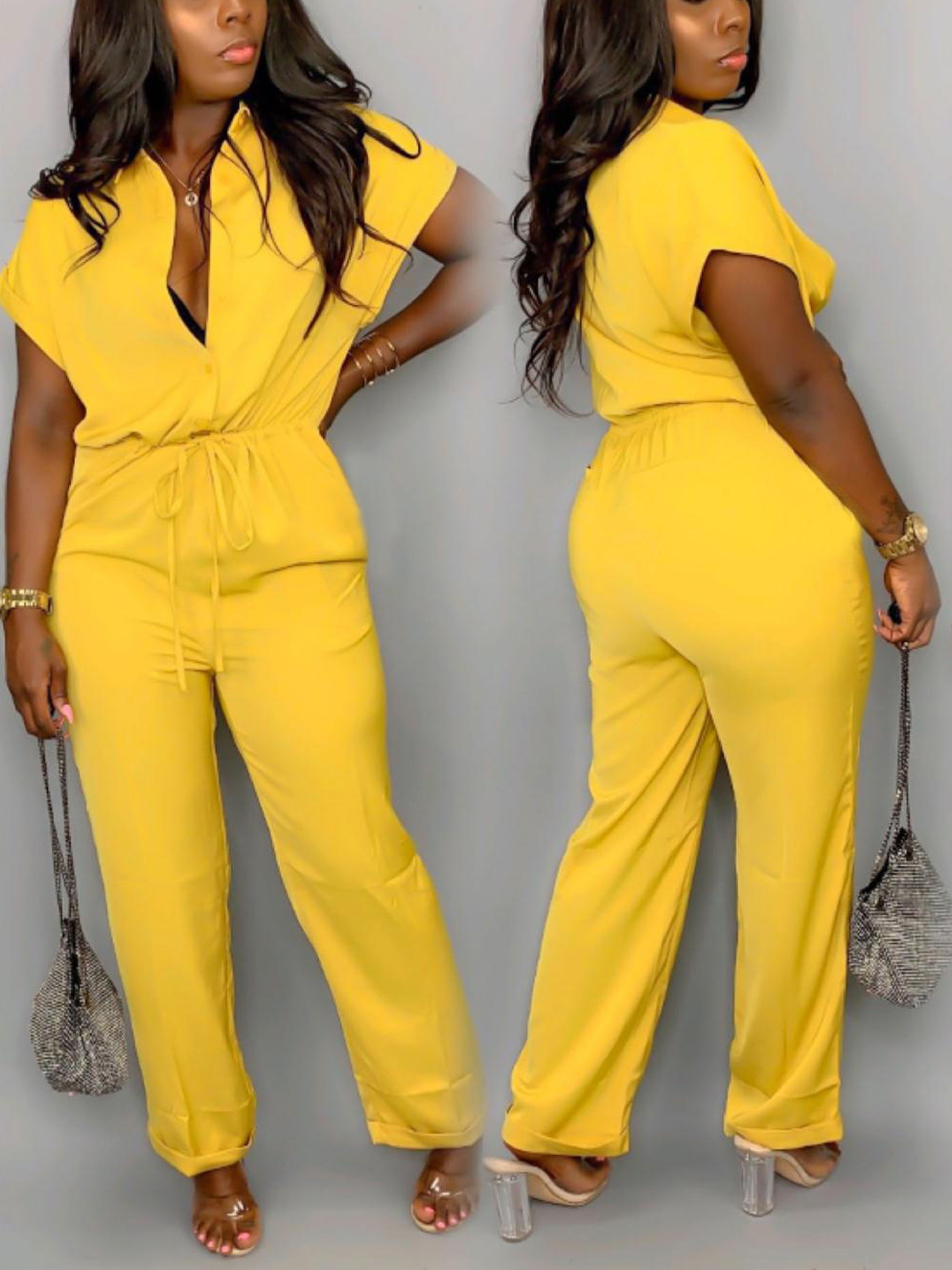 Wholesale Short Sleeve Drawstring Yellow Jumpsuit SZA110826YL | Wholesale7