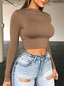 Solid Long Sleeve O Neck Cropped Blouse