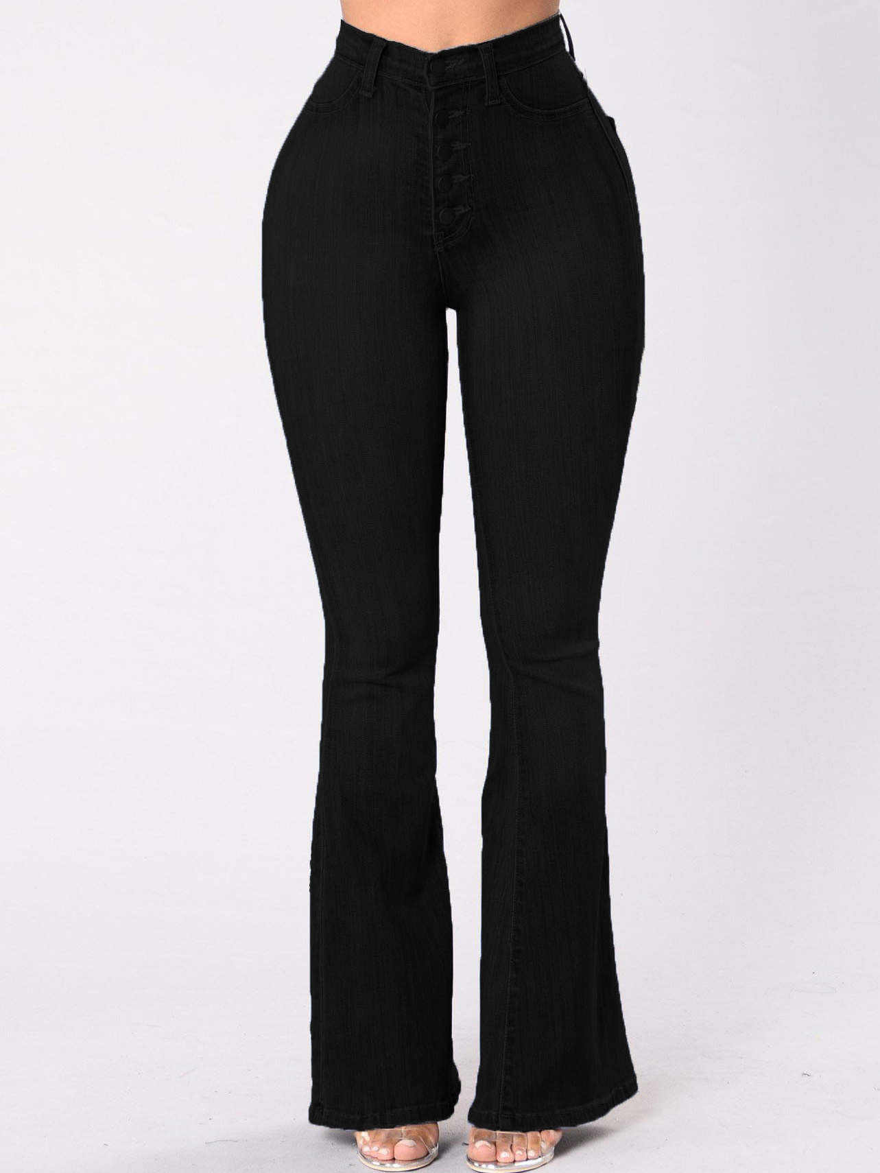 Wholesale Trendy High Waist Black Flare Jeans VPA112829BA | Wholesale7.net