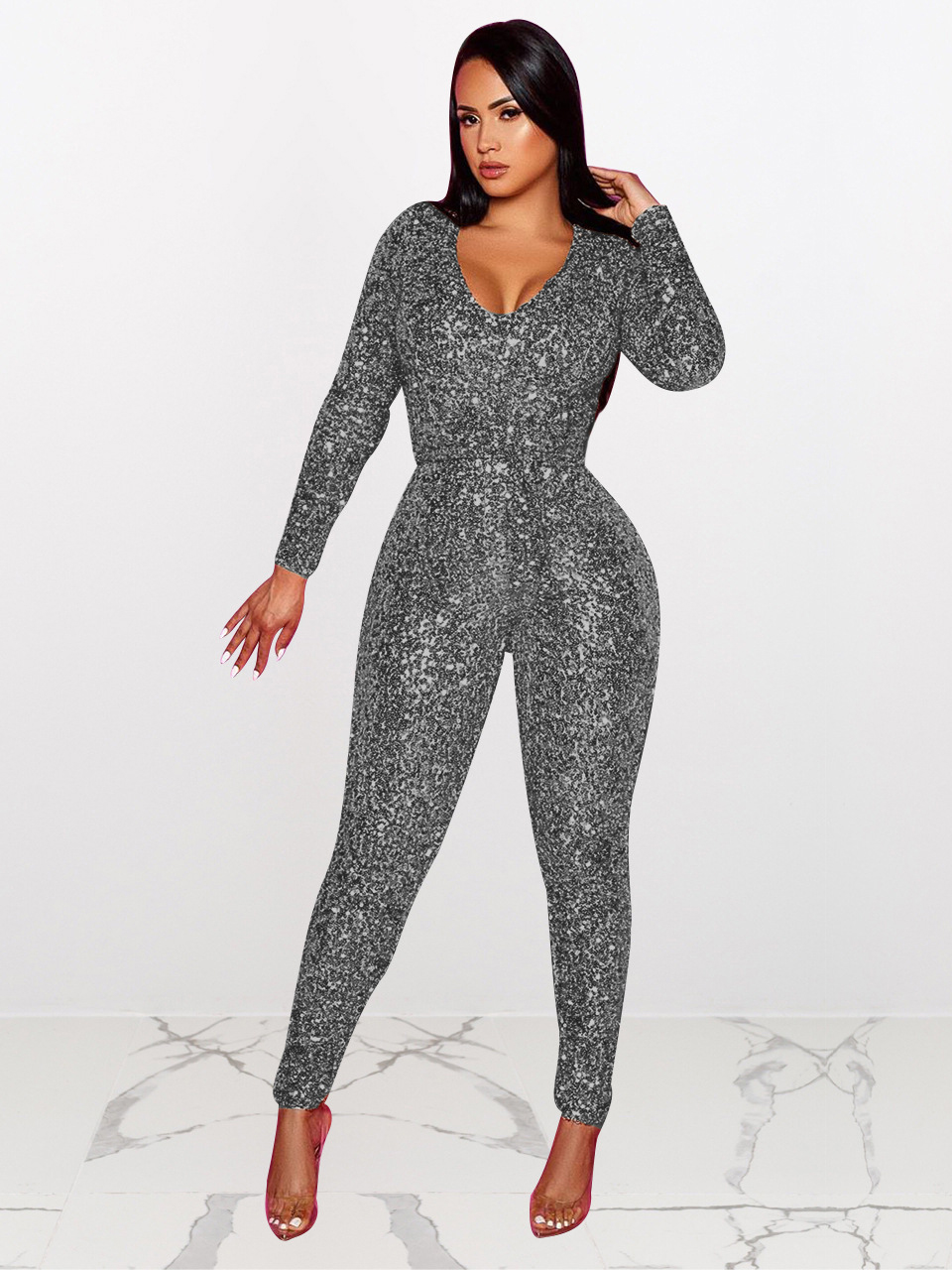 Wholesale V Neck Long Sleeve Fitted Sequin Jumpsuit VPA120310 | Wholesale7