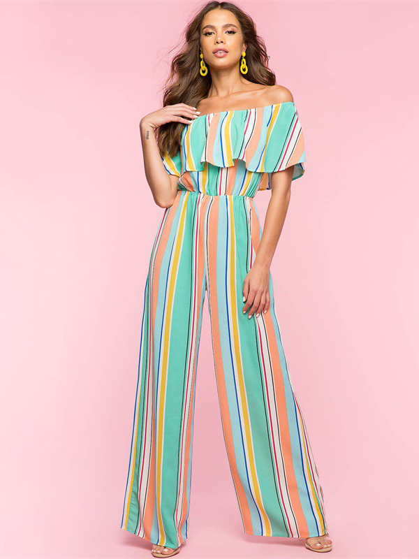 Wholesale Colorful Stripes Ruffles Off The Shoulder Jumpsuits ...