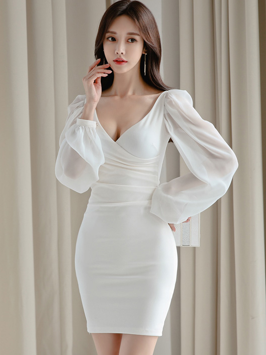 Wholesale V Neck Ruched Solid White Long Sleeve Dress UCA121314WI ...