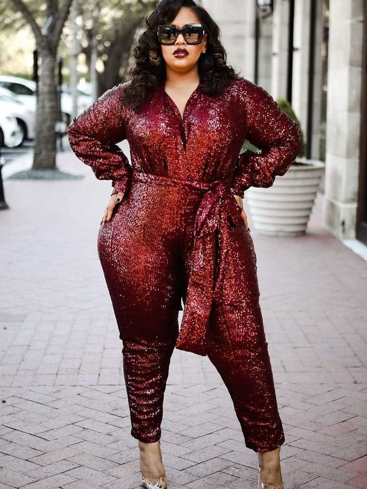 Wholesale Plus Size Tie Wrap Red Glitter Sequin Jumpsuits Gwa122028rd