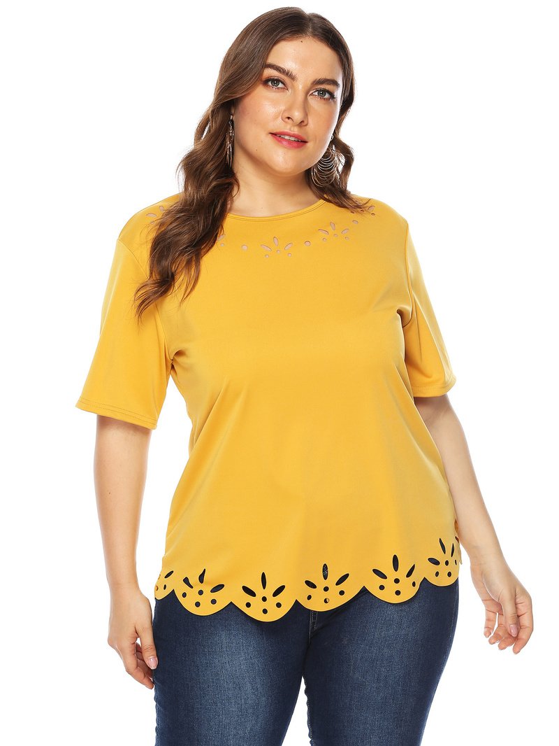 Wholesale Plus Size Yellow Hollow T Shirts For Women SJM031631YL ...
