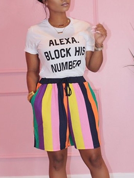 Letter Print T-shirt With Iridescent Striped Short Pants
