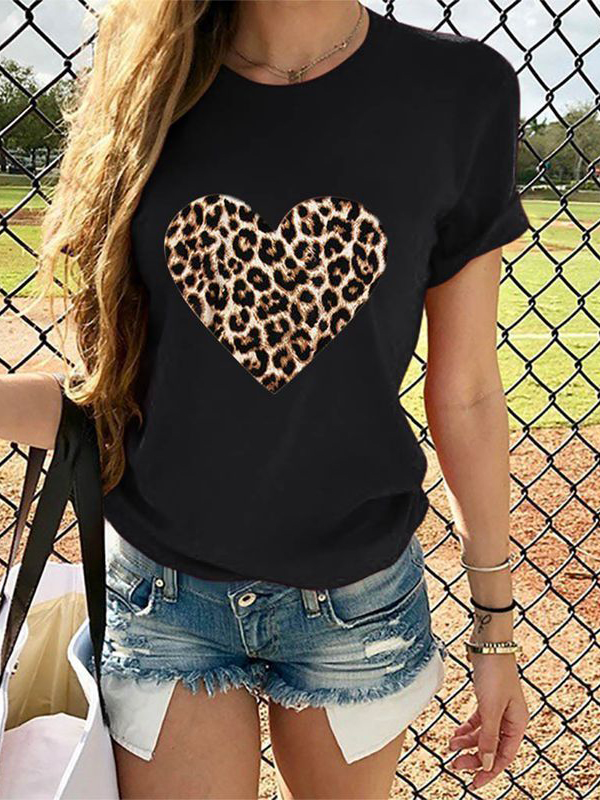 Wholesale Heart Leopard Print Crew Neck Cotton T Shirt VPM033147 ...
