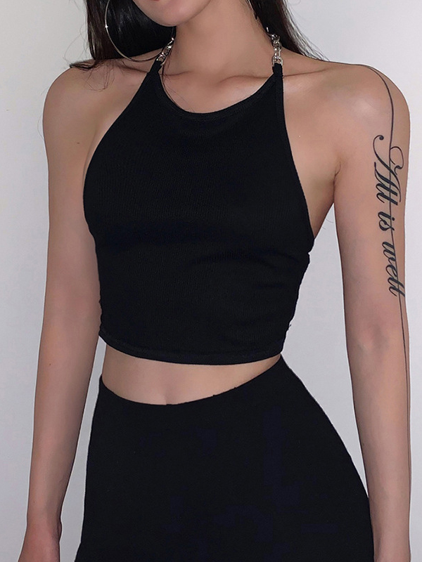 Wholesale Chain Decorated Backless Chic Black Cropped Tank Top