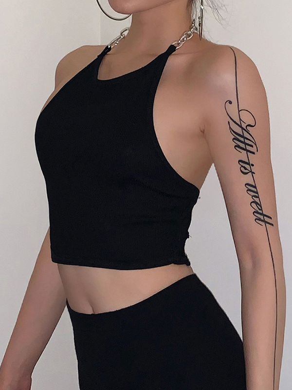 Wholesale Chain Decorated Backless Chic Black Cropped Tank Top