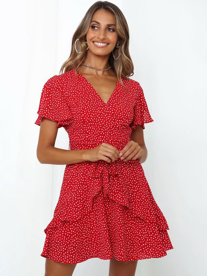 Wholesale Ruffled Ditsy Printed Short Sleeve Dress UCM042030RD | Wholesale7