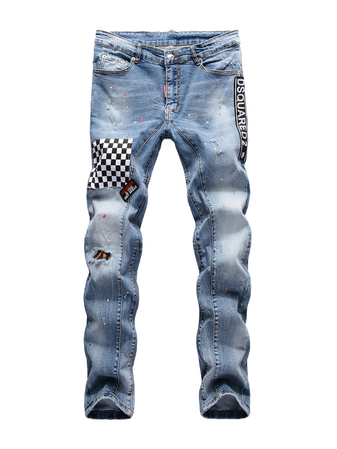 Wholesale Stylish Letter Plaid Panel Mens Ripped Jeans VPM050953LB ...