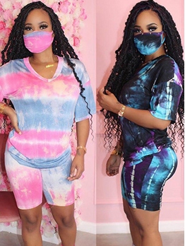 Casual V Neck Short Sleeve Tie Dye Two Piece Set Without Mask