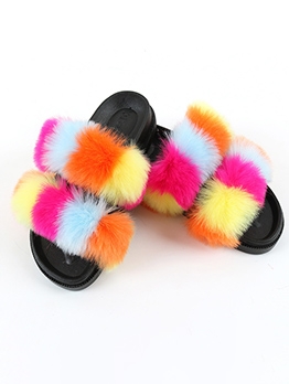 Summer Color Block Faux Fur Fluffy Slippers