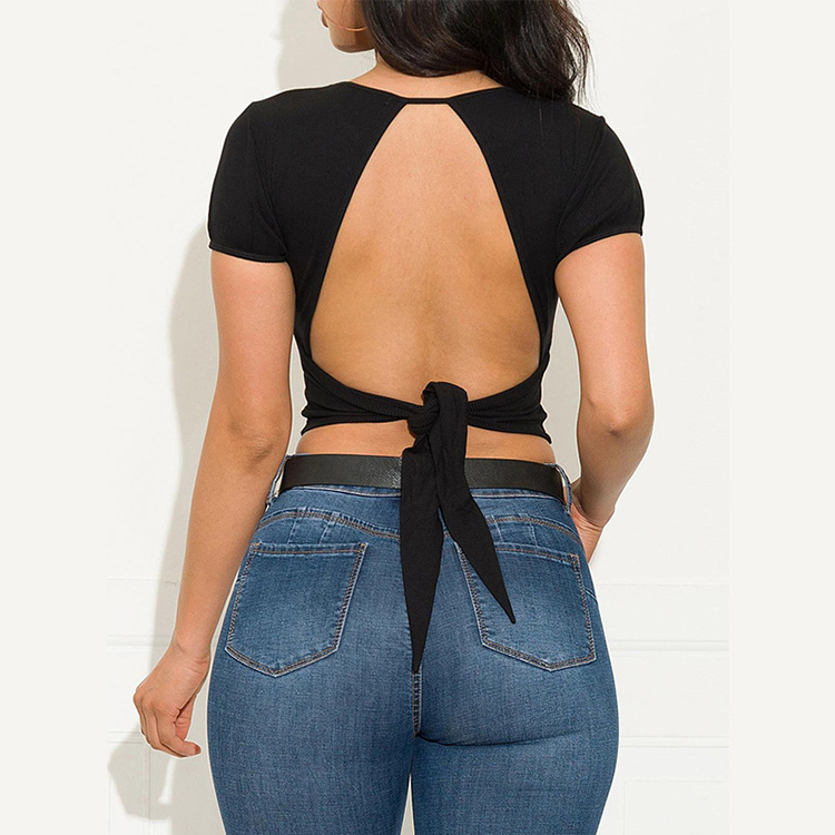 Wholesale Crew Neck Backless Tie Wrap Cropped T Shirt VPM052609 ...