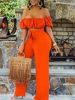 Boat Neck Bright Orange Crop Top And Wide Leg Pants