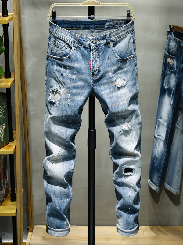Wholesale Trendy Painted Mens Ripped Jeans VPM060459LB | Wholesale7