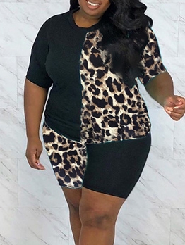Leopard Patch Short Sleeve Plus Size Women Outfits