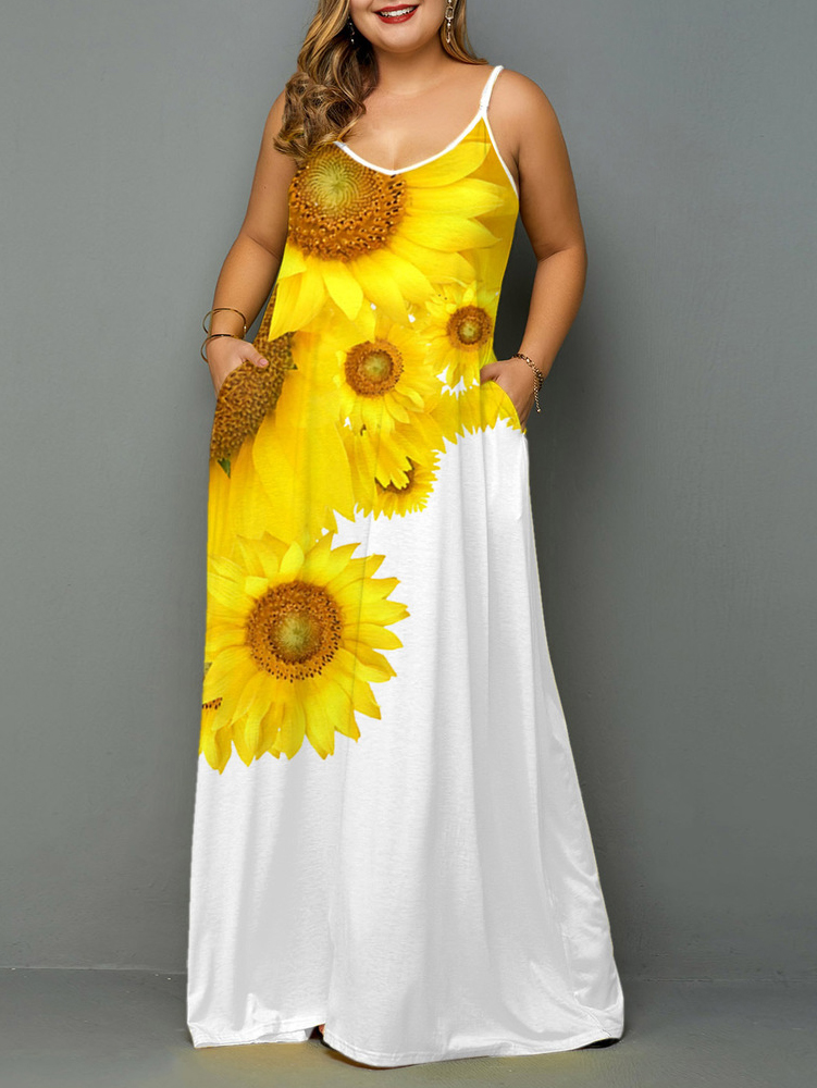 Wholesale Patchwork Sunflower Printed Plus Size Maxi Dresses ...