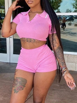 Solid Color Turndown Neck Two Piece Shorts Set
