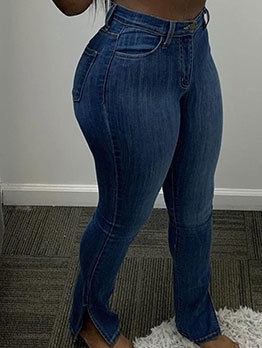 Trendy Solid Side Slit Jeans For Women