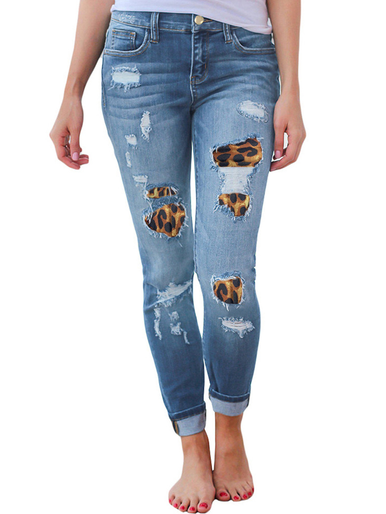 Wholesale Casual Leopard Patch Denim Jeans QZM080332 | Wholesale7