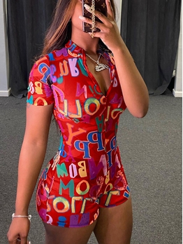 Colorful Letter Printed Short Sleeve Bodycon Romper