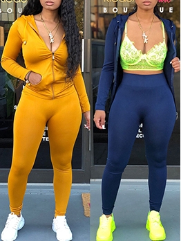 Solid Long Sleeve Hooded Skinny Two Piece Sets
