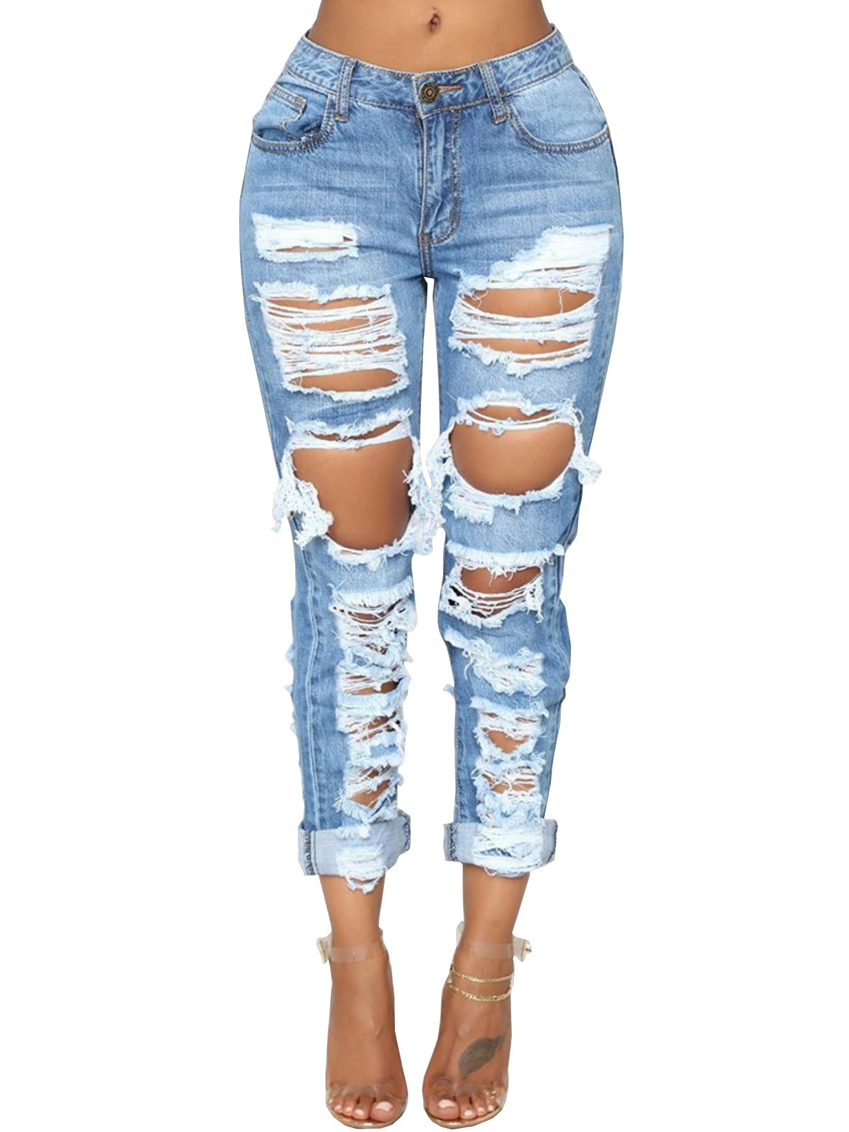 Wholesale Solid Ripped Jeans For Women JPM081467BU | Wholesale7