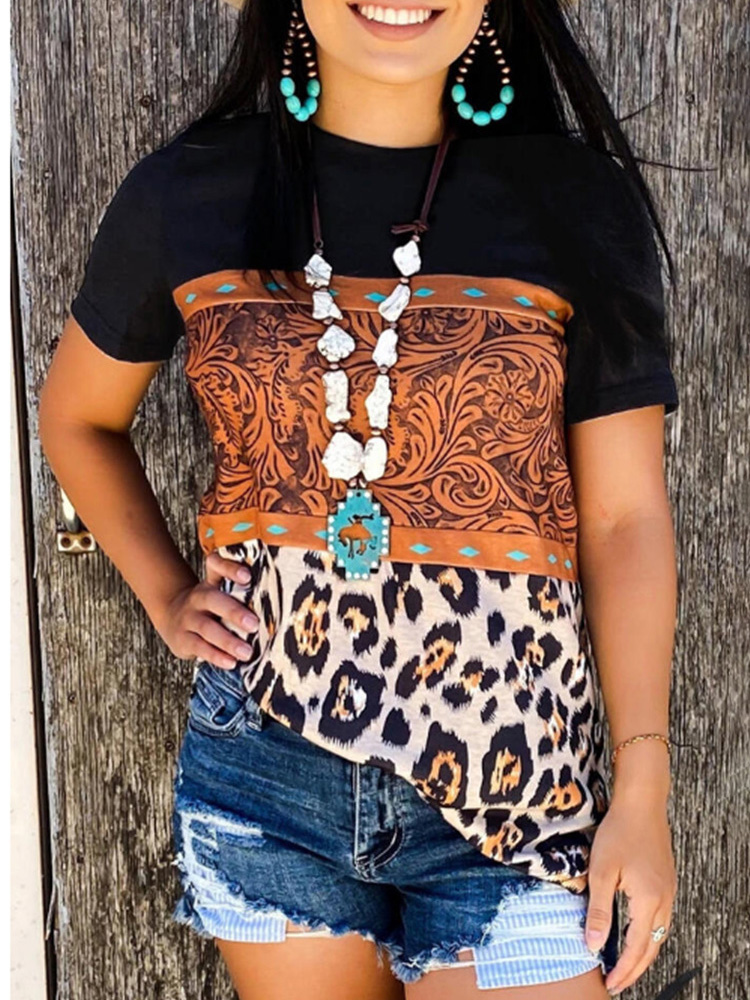 Wholesale Personality Street Leopard Print Patchwork T-Shirt ...