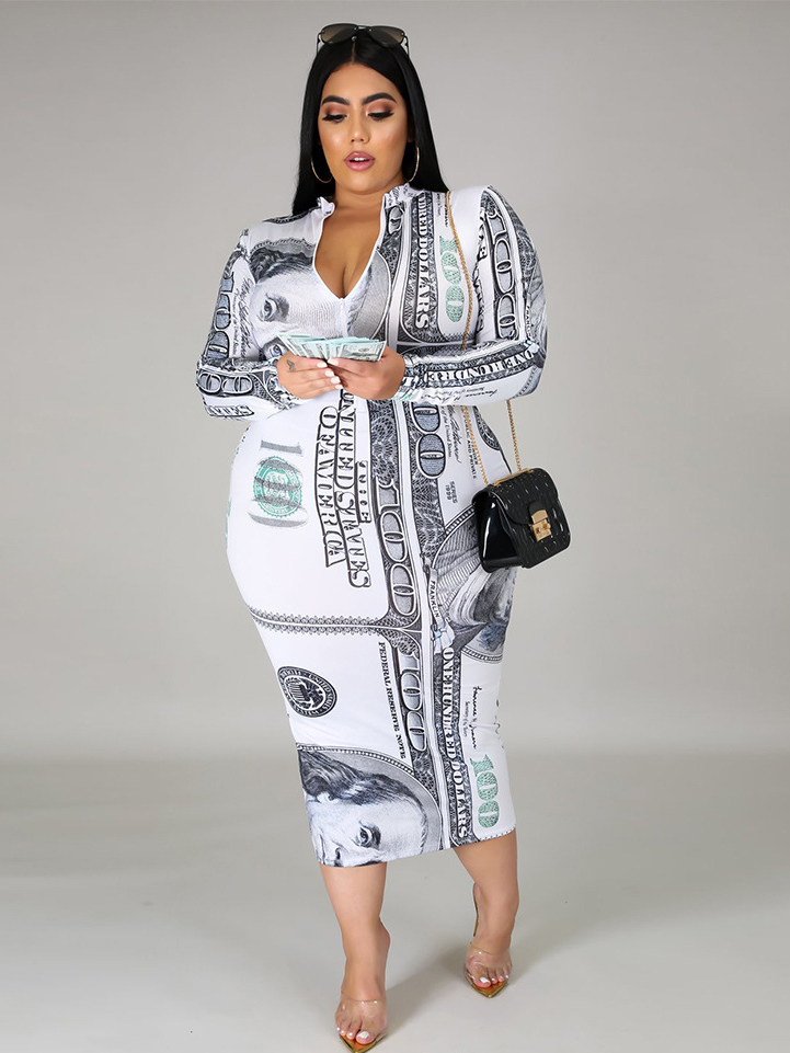 Wholesale Fashion Dollar Print Plus Size Long Sleeve Dress QCM082573WI ...
