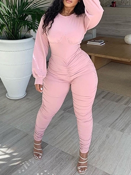 Casual Fold Solid Skinny Long Sleeve Jumpsuit
