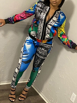 Stand Neck Vintage Print Jackets With Pants