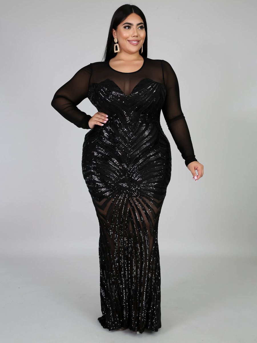 Wholesale Sequined Long Sleeve Plus Size Evening Maxi Dresses VPM101402