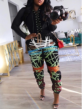 Colorful Strings Printed Lace Up 2 Piece Pants Set