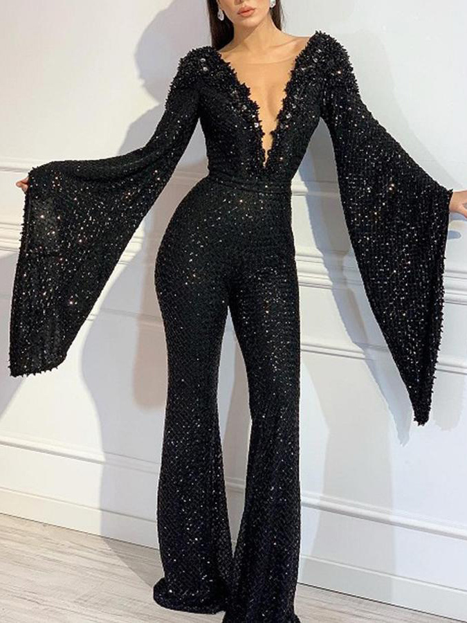 Wholesale Sexy Deep V Sequins Flare Long Sleeve Jumpsuits Ucm102035ba