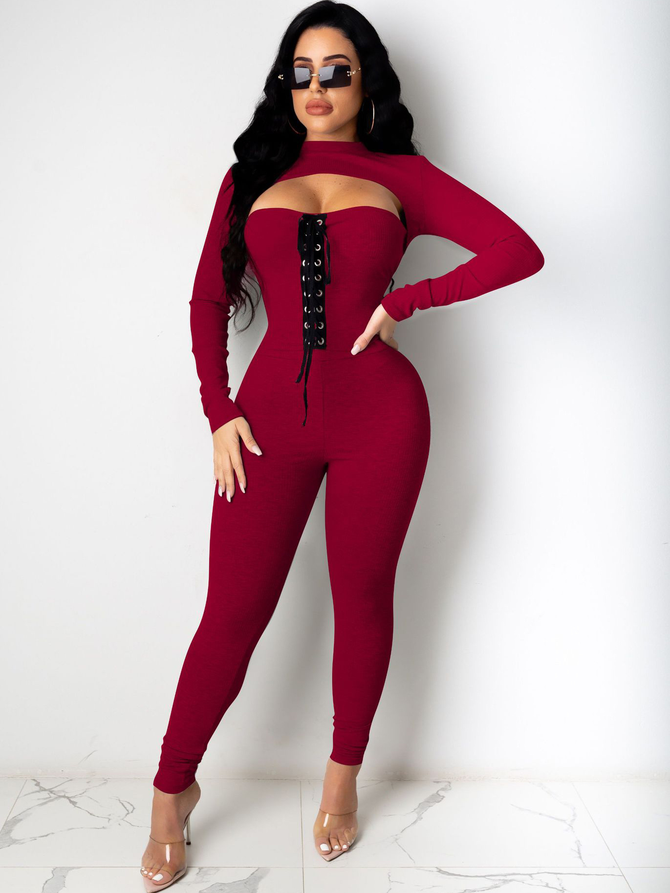 Wholesale Hollow Out Lace Up Long Sleeve Bodycon Jumpsuit VPM102252 ...