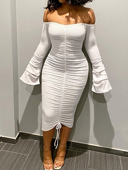 Sexy Ruched Boat Neck Flare Long Sleeve Dress 