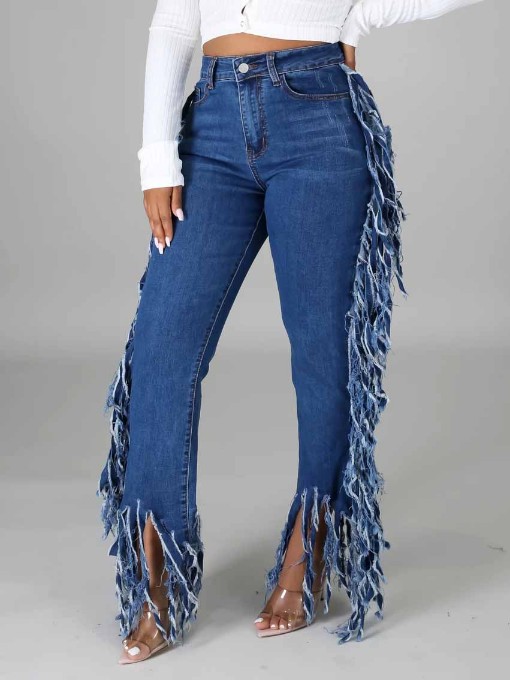 Wholesale Side Tassels High Waisted Denim Jeans UCM111955BU | Wholesale7