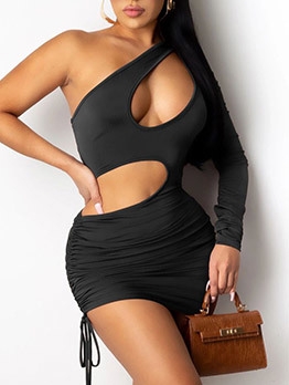 Inclined Shoulder Nightclub Ruched Bodycon Dress