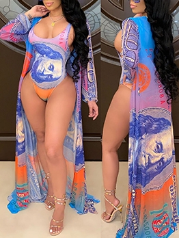 Printed Scoop Neck One Piece Swimsuit With Long Coat