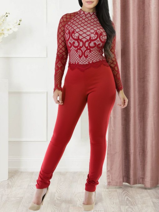 Wholesale Mock Neck Lace Patchwork Red Long Sleeve Jumpsuit VPO012023RD ...